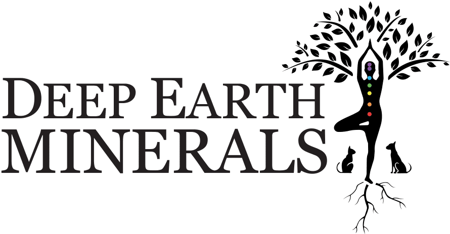 Logo of Deep Earth Minerals featuring a tree-shaped figure in a yoga pose, with colored chakras aligned along its silhouette, and two animals, possibly dogs, sitting beside the roots.