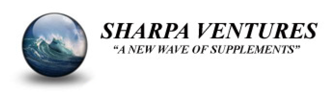 Logo of Sharpa Ventures featuring a globe with a wave and the tagline "A New Wave of Supplements.